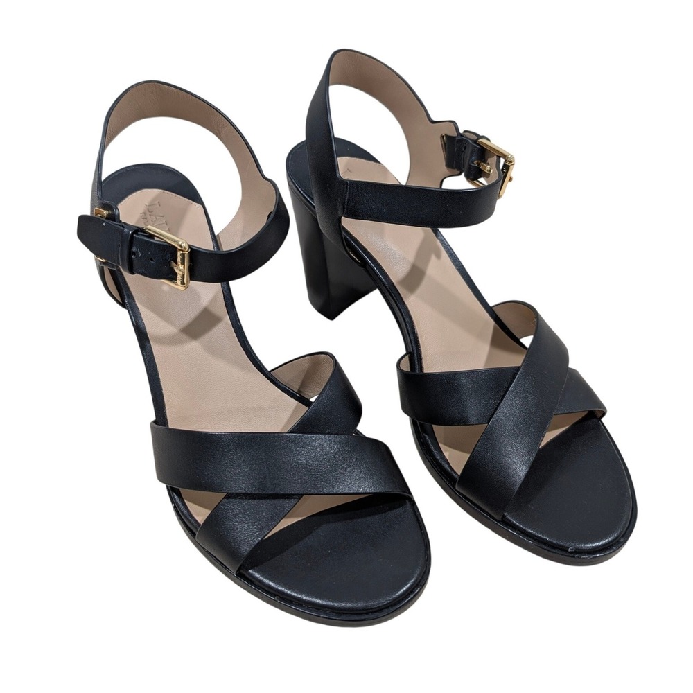Lauren Ralph Lauren Emeryn Black Leather Block Heel Sandals Gold Buckle 9B NIB